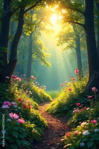 Serene nature scene depicting a sunlit forest clearing with vibrant flora, conveying a sense of tranquility and natural healing energy ,  balance,  forest,  renewal