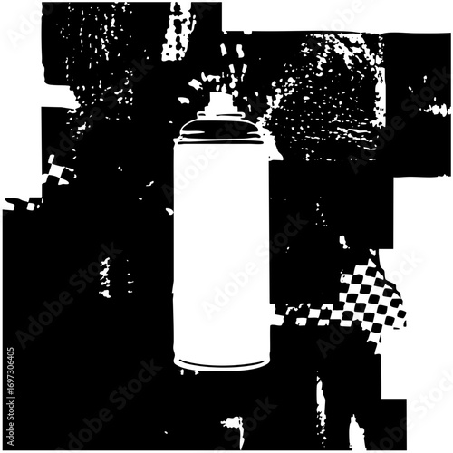 Vector Silver spray can with dispersed droplets.