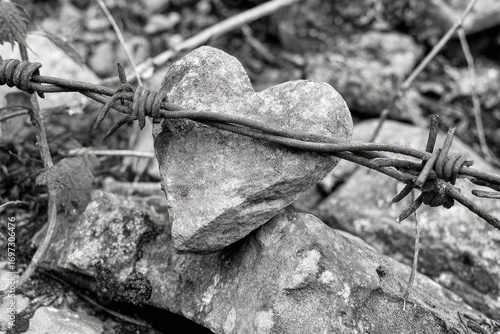 Heart-shaped stone, barbed wire, rubble
