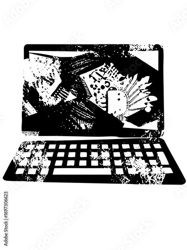 Vector Distressed laptop with scattered elements