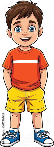 A young girl in a T-shirt and shorts reads a book while a cartoon construction worker stands nearby