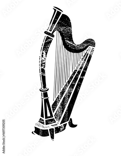 Vector Vintage harp with distressed texture.