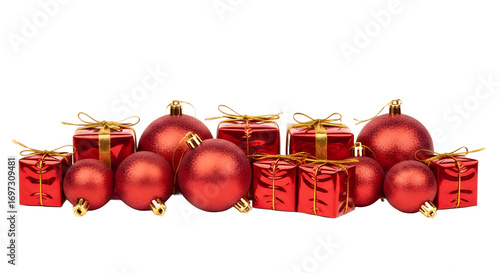 Red Christmas balls and gift boxes.