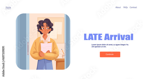 Student late arrival school hallway holding paper worried expression classroom door background website landing page