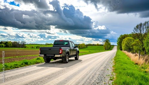 A gray pickup truck on a rural gravel road under a dramatic sky