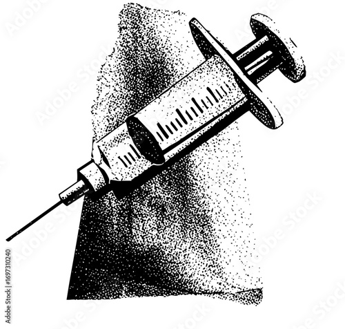 Vector Detailed of a syringe resting on fabric.