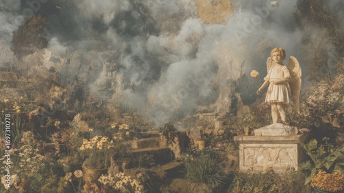 Enigmatic Garden Sanctuary: An Angelic Statue in a Dreamlike Setting