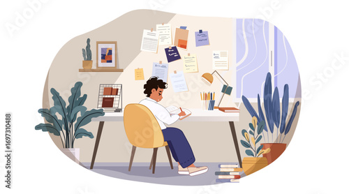 Student studying at desk back to school learning home workspace plants books wall notes lamp cozy interior modern education