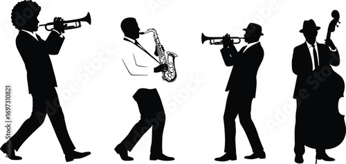 Silhouette of jazz band musicians playing trumpet, saxophone, double bass, retro style, black and white, music performance, vector art