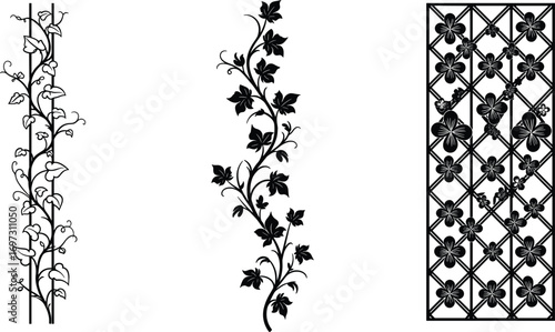 Floral vine silhouette, decorative climbing plant design, elegant floral pattern for garden trellis, laser cutting, wall art, digital decor