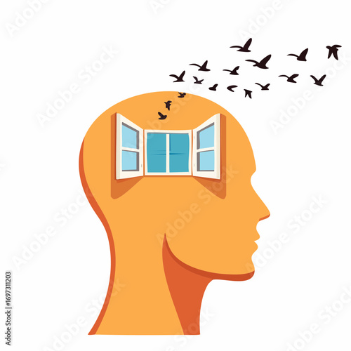 Vector scene of a head with open windows and birds flying out, representing freedom of thought and mental clarity