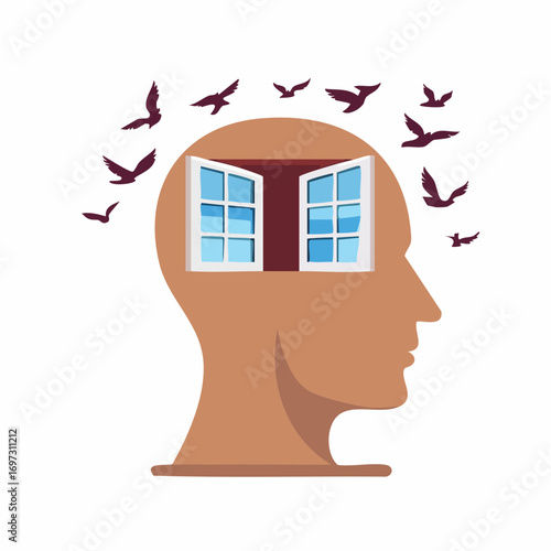 Vector scene of a head with open windows and birds flying out, representing freedom of thought and mental clarity