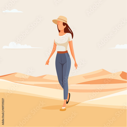 Vector art of a person walking alone in a vast desert, symbolizing loneliness and introspection, soft muted colors