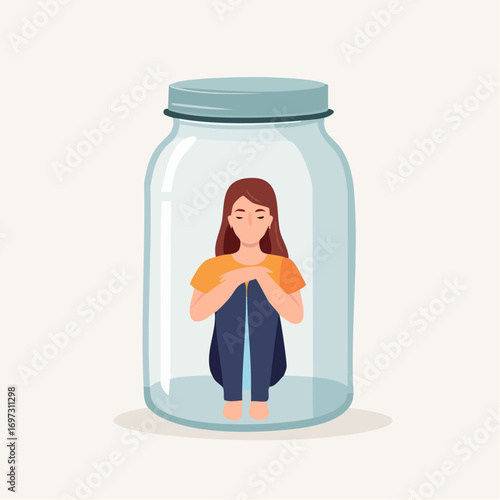 Vector illustration of a person trapped inside a glass jar, symbolizing depression and isolation, minimalist style