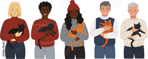 Diverse group of happy people holding cats, multigenerational pet lovers, cozy winter clothing, cat adoption concept, animal companionship illustration