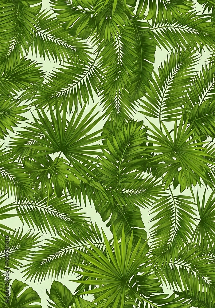 Naklejka premium Lush green palm fronds create a vibrant tropical rainforest pattern