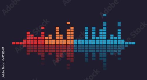 A vibrant flat design vector illustration showcasing an abstract digital sound wave equalizer, representing audio frequencies and music visualization