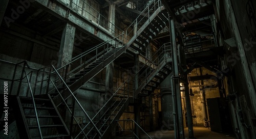 Wallpaper Mural A wide shot of an abandoned industrial factory interior with multiple crisscrossing metal staircases and large pipes, creating a feeling of decay and emptiness. Torontodigital.ca