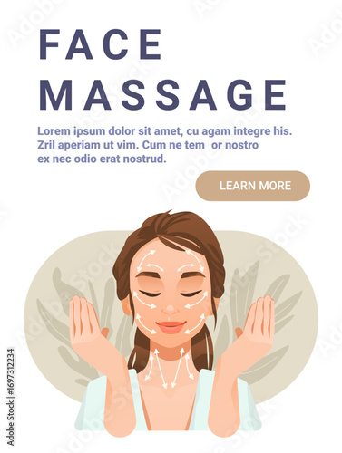 Face massage skincare routine woman with arrows showing facial massage directions relaxing with closed eyes spa wellness concept soft colors website banner