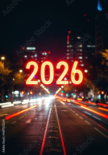 2026 City Street at Night: The year 2026 shines brightly over an urban street scene at night, the roadways alive with streaks of light and the cityscape aglow, a vision of the future.