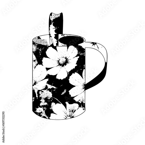 Vector Floral teapot with black and white botanical .