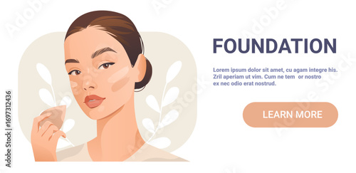 Woman applying foundation makeup natural beauty skincare routine soft pastel colors abstract leaf background website banner