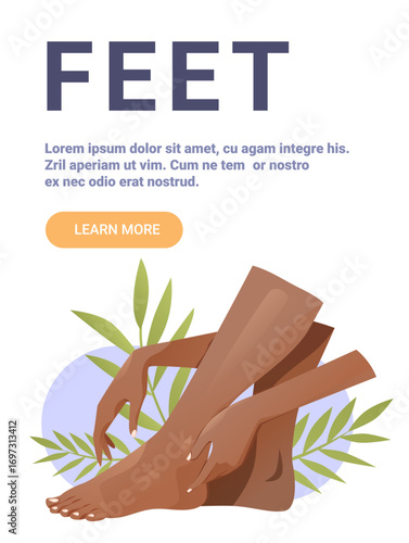 Feet care wellness hands touching legs tropical leaves flat color background website banner
