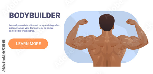 Bodybuilder flexing muscular back fitness strength healthy lifestyle male athlete showing muscles blue abstract background website banner