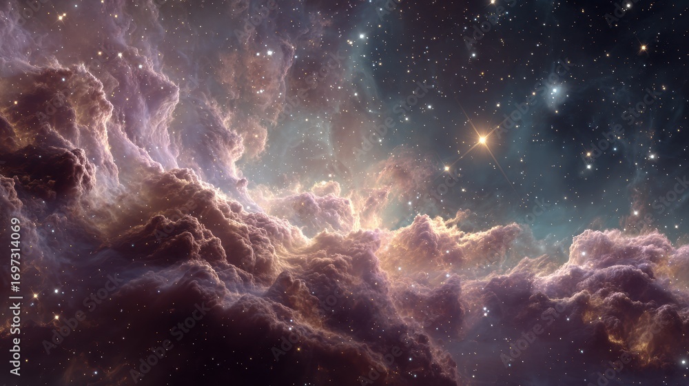 Fototapeta premium The stunning nebula showcases rich hues of pink and orange amidst a sea of stars, creating an otherworldly and visually captivating space texture backdrop scene.