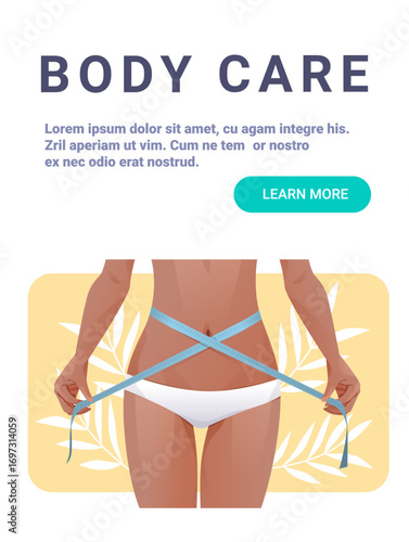 Body care fitness woman measuring waist healthy lifestyle female torso with tape measure yellow botanical background website banner