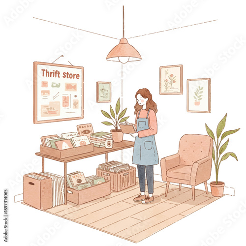 Woman organizing vintage records and books in cozy thrift store interior
