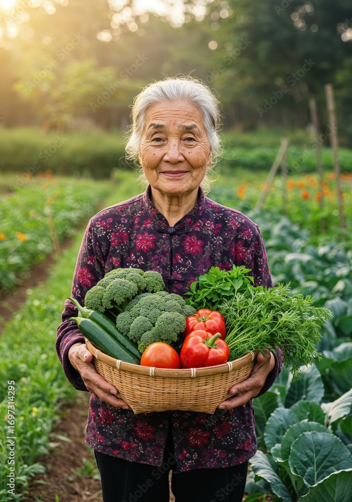Fototapeta premium Gardener's Bounty: An elderly woman presents a rustic basket overflowing with fresh, vibrant vegetables, harvested from her own garden, as a testament to health, nature, and the simple joys of life.