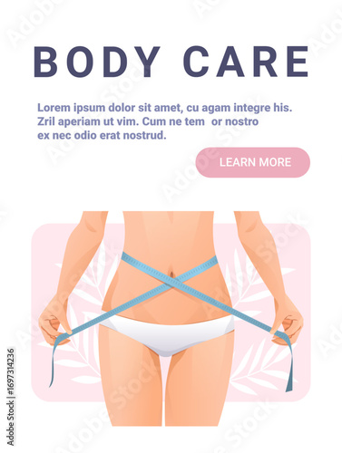 Body care woman measuring waist fitness wellness slim female holding tape measure in underwear healthy lifestyle pastel background website banner