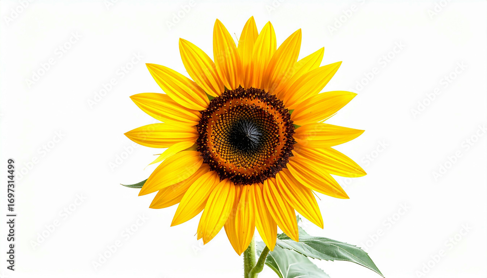 Naklejka premium Close-up of a vibrant sunflower with yellow petals and a dark brown center, isolated against a bright white background.