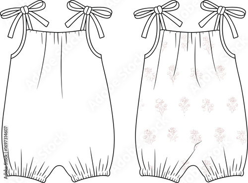Baby romper flat sketch with bow tie straps and floral pattern, infant clothing template, toddler apparel fashion technical drawing illustration