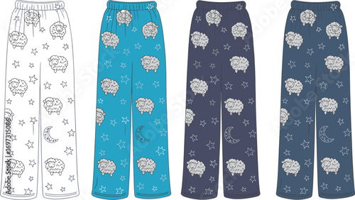 Cute sheep pajama pants with moon and star pattern, kids nightwear loungewear fashion design template, cozy sleepwear illustration