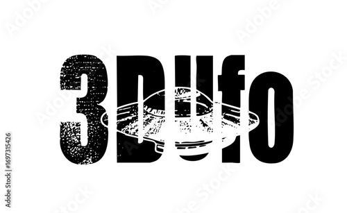 Vector Bold typographic featuring 3D UFO with a spaceship silhouette.
