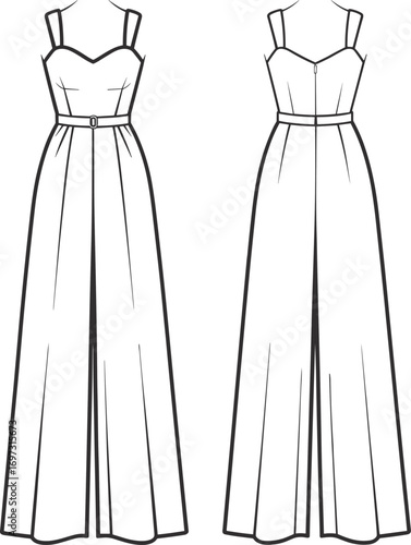 Fashion flat sketch of women jumpsuit with spaghetti straps, sweetheart neckline, belted waist, wide leg pants, technical apparel template