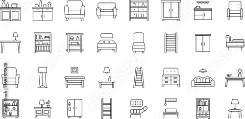 Furniture flat line icons set. Kitchen, bedroom, sofa table, bookcase closet, chair, mattress, lamps, ladder vector illustrations. Outline signs of house interior, editable stroke.