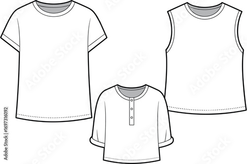 Kids t-shirt flat sketch set with short sleeve, sleeveless and henley style design, children fashion template, apparel clothing technical drawing
