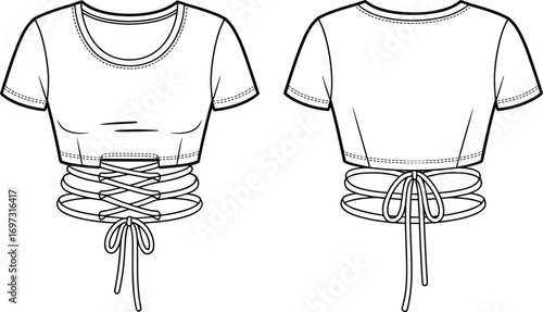 Women crop top fashion flat sketch with front and back view, lace up waist design, short sleeve stylish apparel illustration