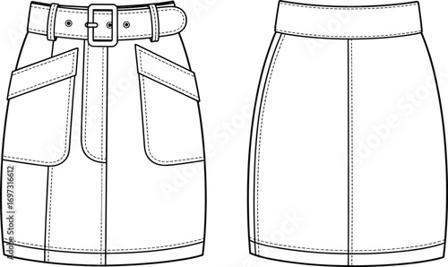 Women mini skirt fashion flat sketch with belt and front flap pockets, stylish technical clothing design illustration template for apparel