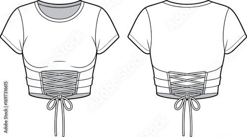 Women crop top flat sketch with lace up corset waist design, short sleeve fashion garment illustration front and back view
