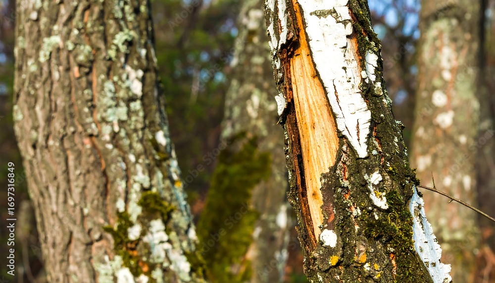 Fototapeta premium Close-up of a birch tree trunk with a damaged section