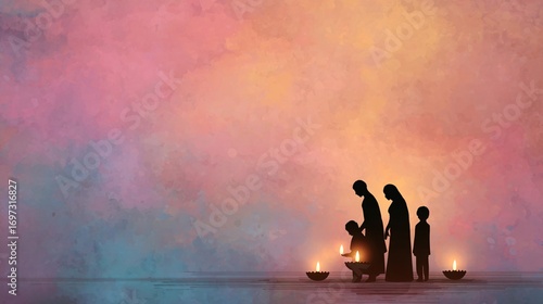 Diwali family silhouette lighting Diyas on pastel sky background, festival of lights illustration.