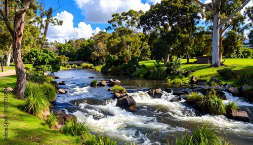 Fototapeta Naklejka Na Ścianę i Meble -  Picturesque river flowing through parkland, lush greenery, blue sky