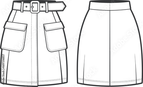 Women skirt fashion flat sketch with belt and side flap pockets, stylish front and back technical clothing design illustration template
