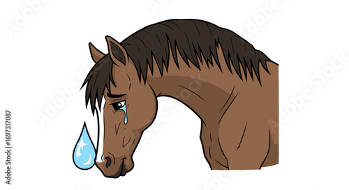 Cartoon depiction of a melancholic brown horse shedding tears, suitable for illustrating emotional concepts, animal welfare campaigns, or children's educational materials.