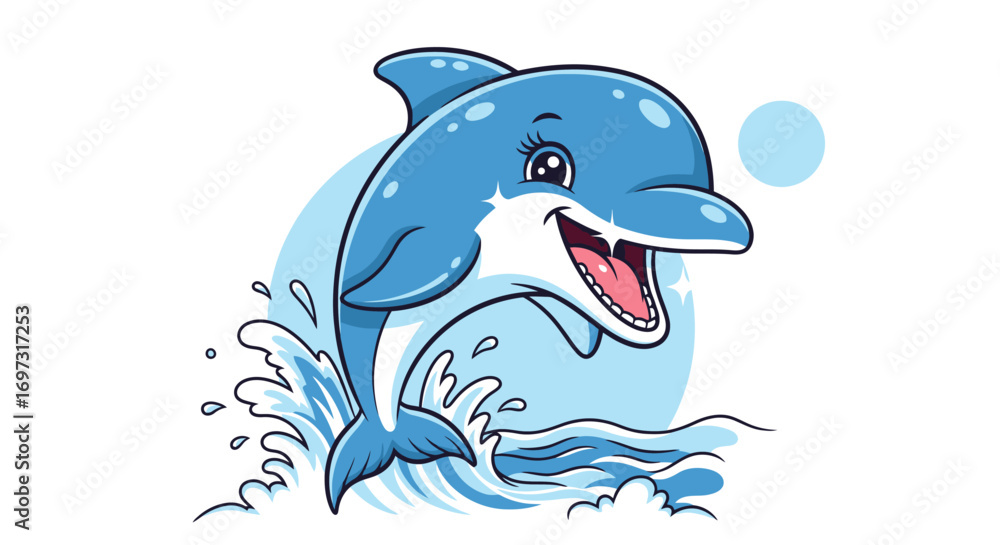 Obraz premium Cheerful Blue Dolphin Cartoon Illustration Leaping from Ocean Waves, Perfect for Children's Books, Educational Material, or Marine Conservation Awareness