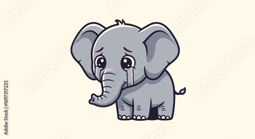 Adorable Crying Elephant Cartoon Character with Tears, Ideal for Emotional Expression, Children's Illustration, or Compassionate Messaging in Various Media